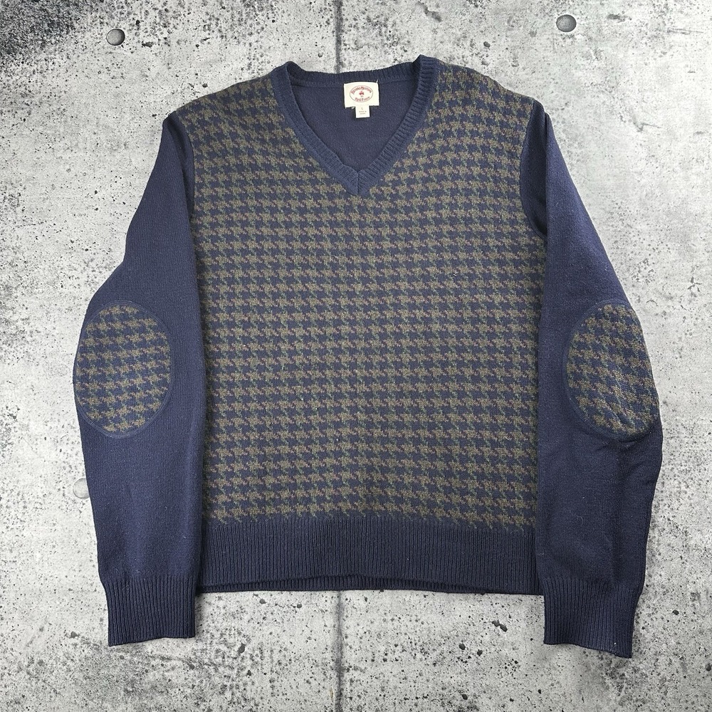 Red Fleece Brooks Brothers‎ Wool Houndstooth Sweater L Elbow Patch Academia